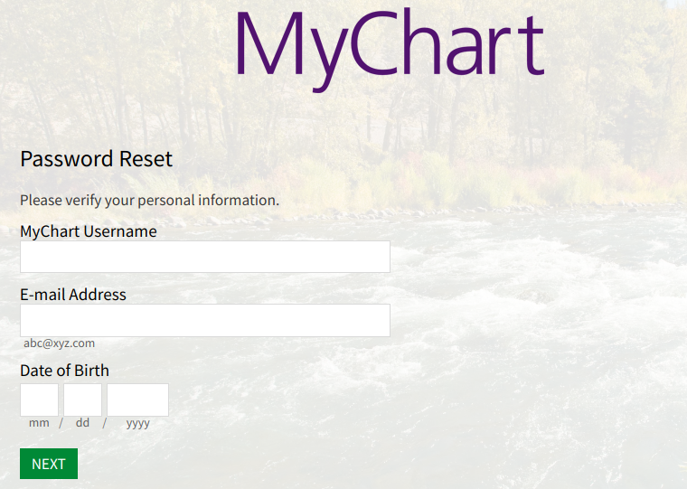 MyChart Password Reset Page