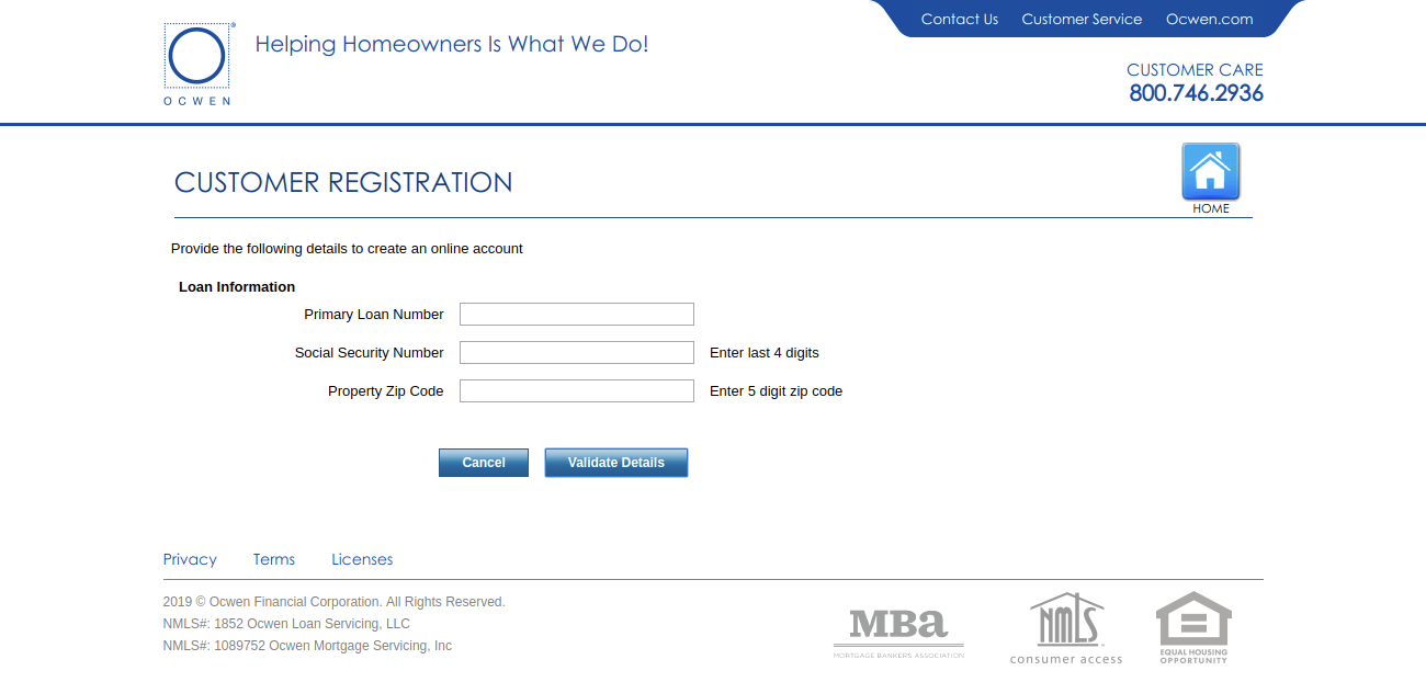 Ocwen Customer Registration Validation