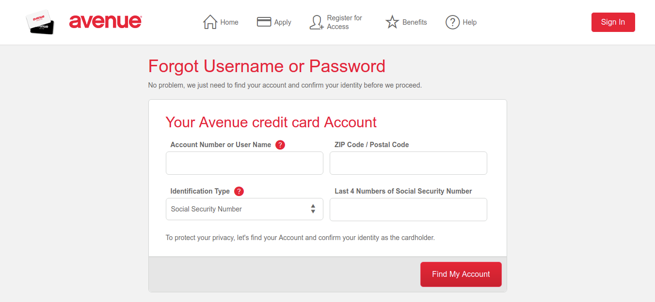 Avenue credit card Forgot Username or Password