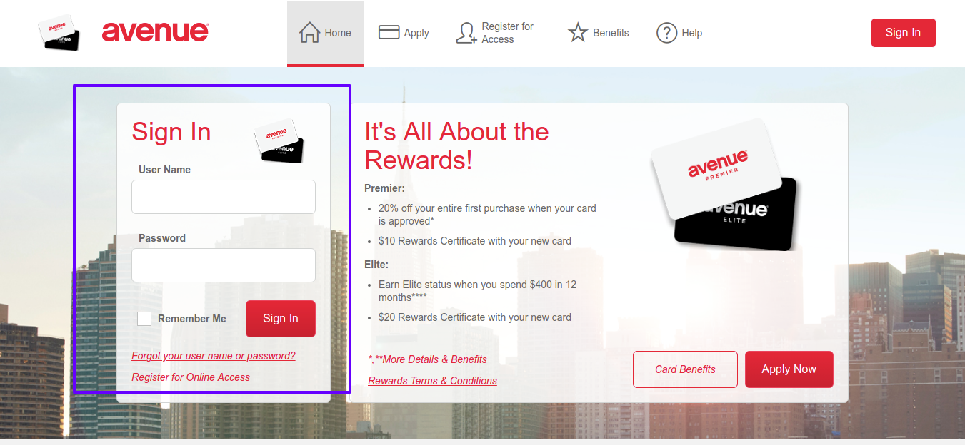 Avenue credit card Login