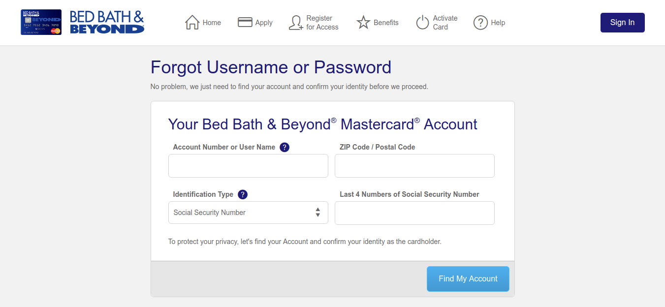 Bed Bath Forgot Username or Password