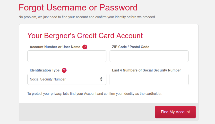 Bergner s Credit Card Forgot Username or Password