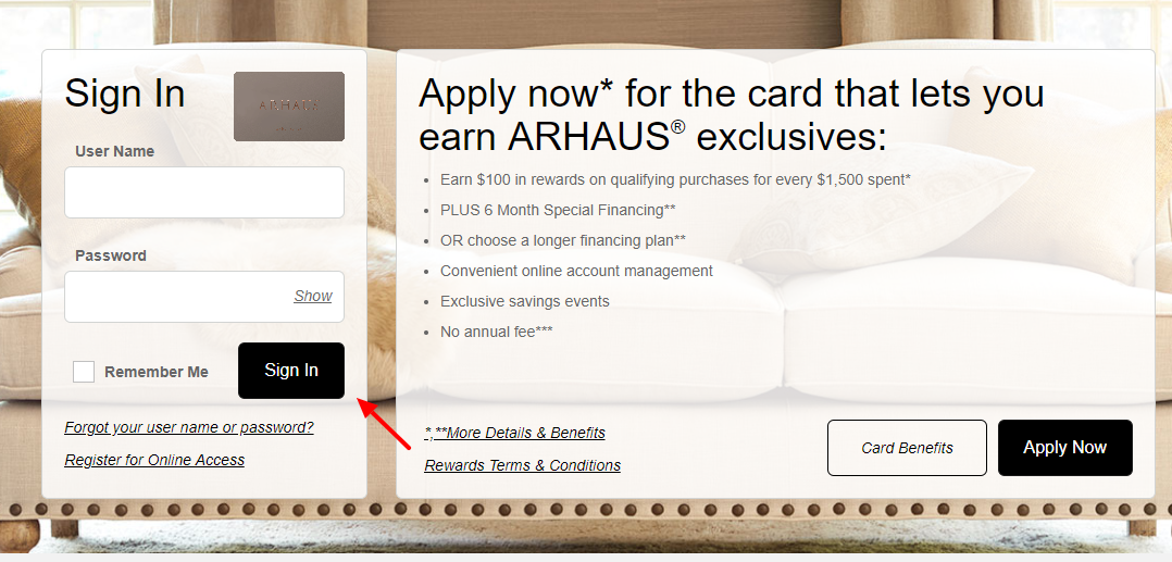 Arhaus Archarge Credit Card Login