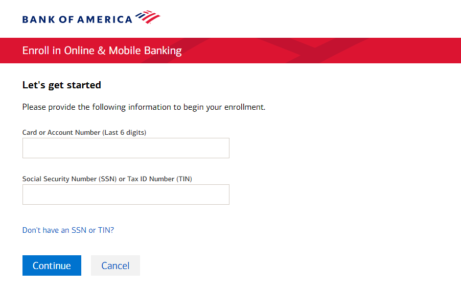 Bank of America Enroll in Online