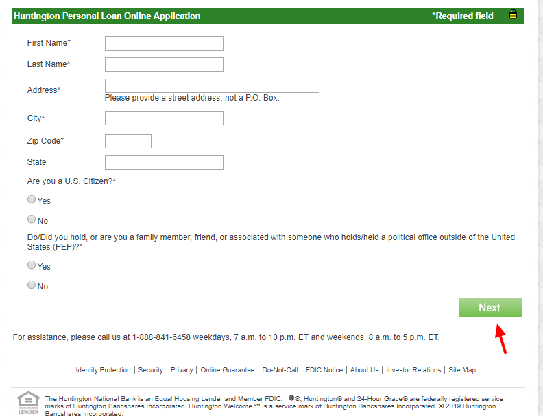 Huntington Personal Loan Online Application Step 1